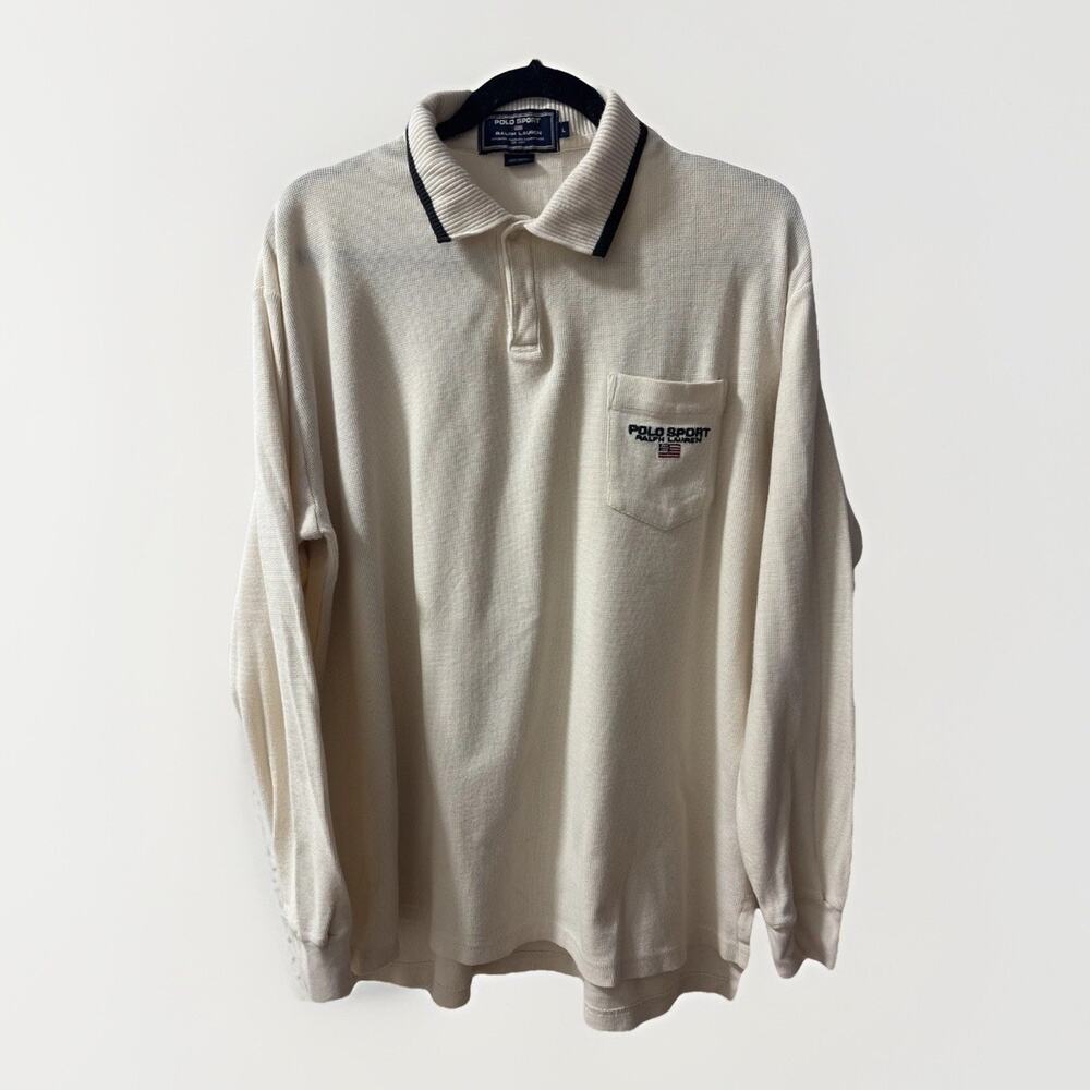 Vintage Men POLO SPORT RALPH LAUREN Cream Waffle Print Long Sleeve Shirt Sz L